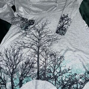 Gray and Black Tree Print Dress size M with shark bite hem